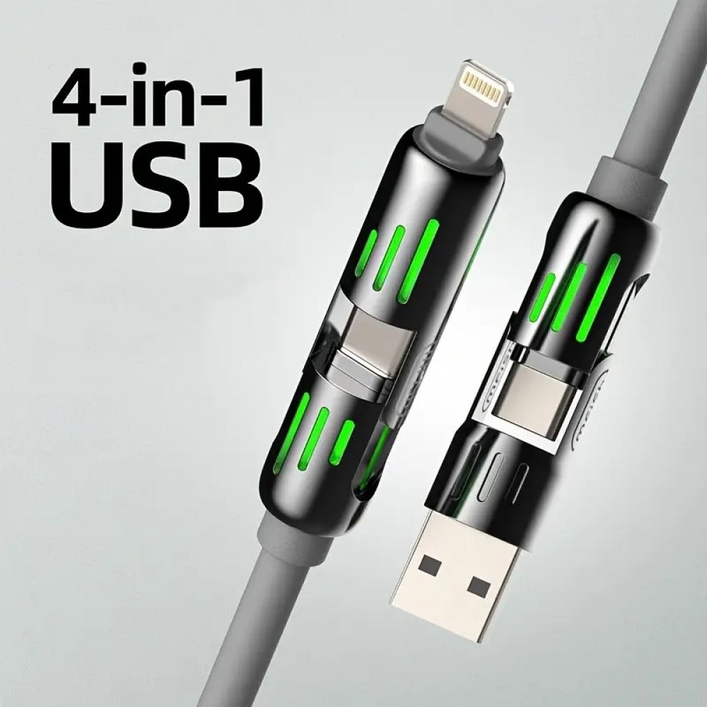 Câble USB 4-en-1 charge rapide 30W | USB-C vers USB silicone anti-nœuds LED RVB compatibilité multi-appareils et durable (2 m) - Gris